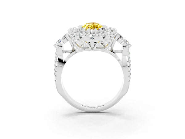 Platinum Marquise Cut Yellow Sapphire Halo Ring with Pavé Band and Four-Prong Setting