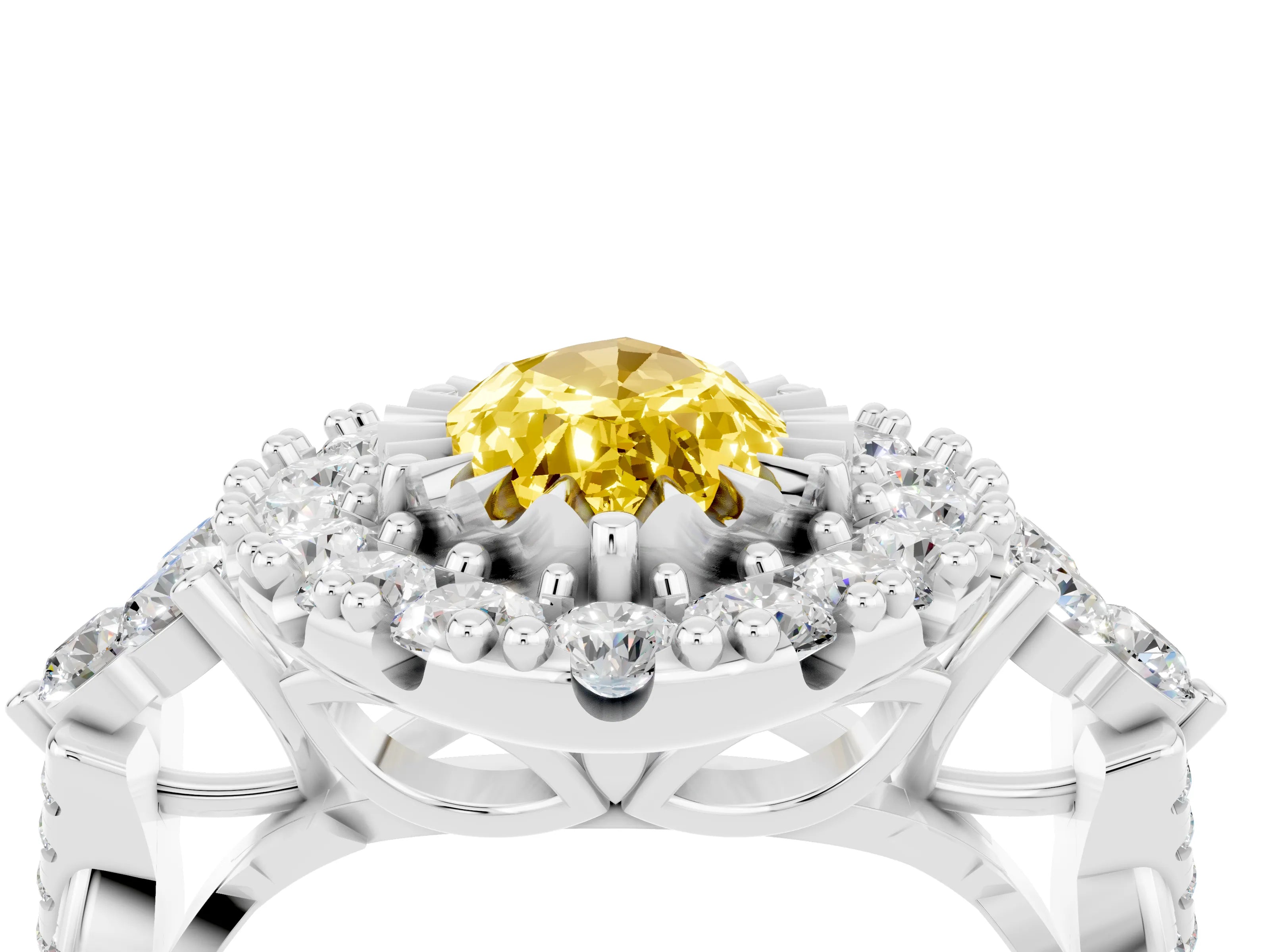 White gold Marquise Cut Yellow Sapphire Halo Ring with Pavé Band and Four-Prong Setting_16