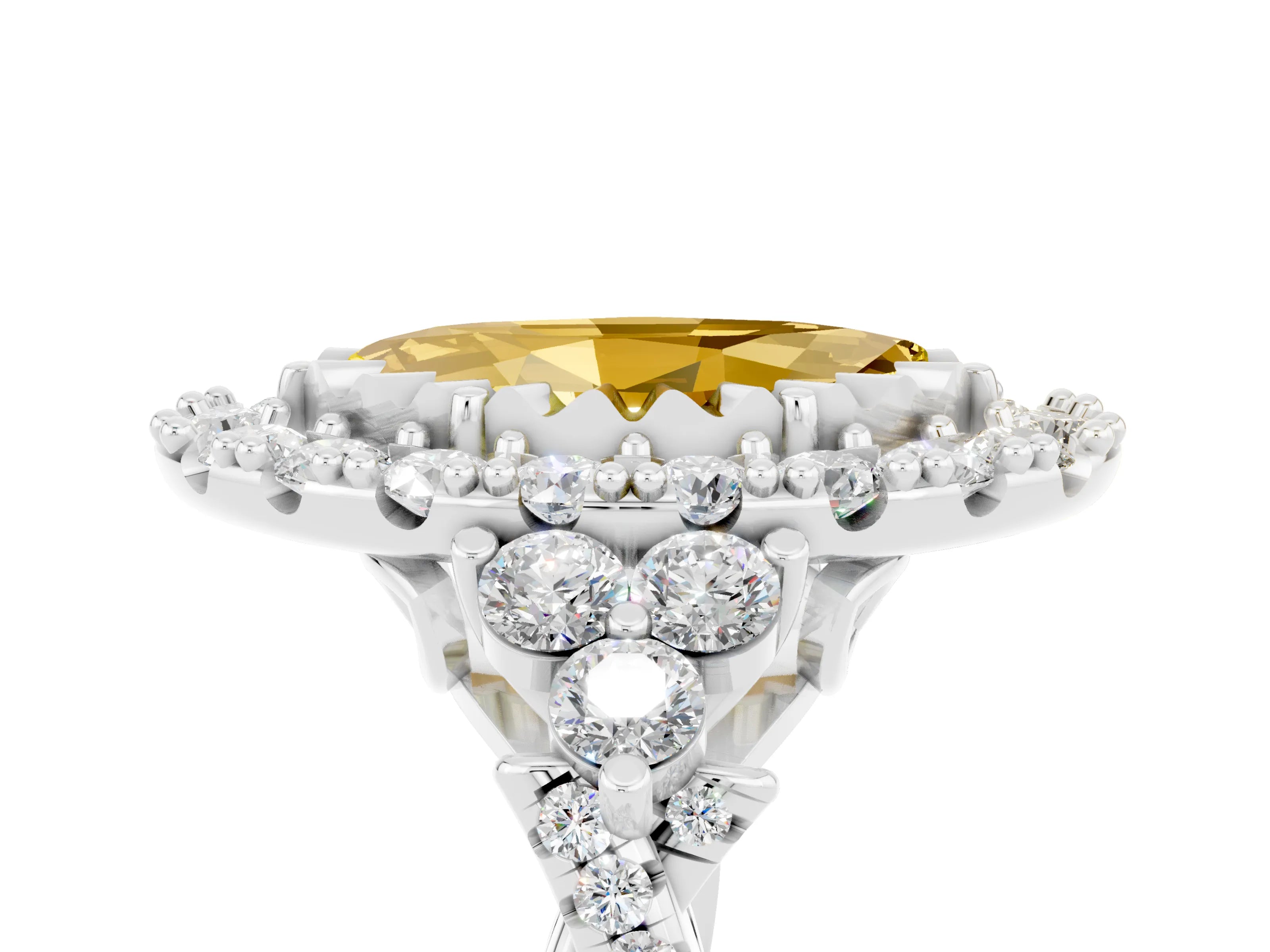White gold Marquise Cut Yellow Sapphire Halo Ring with Pavé Band and Four-Prong Setting_17