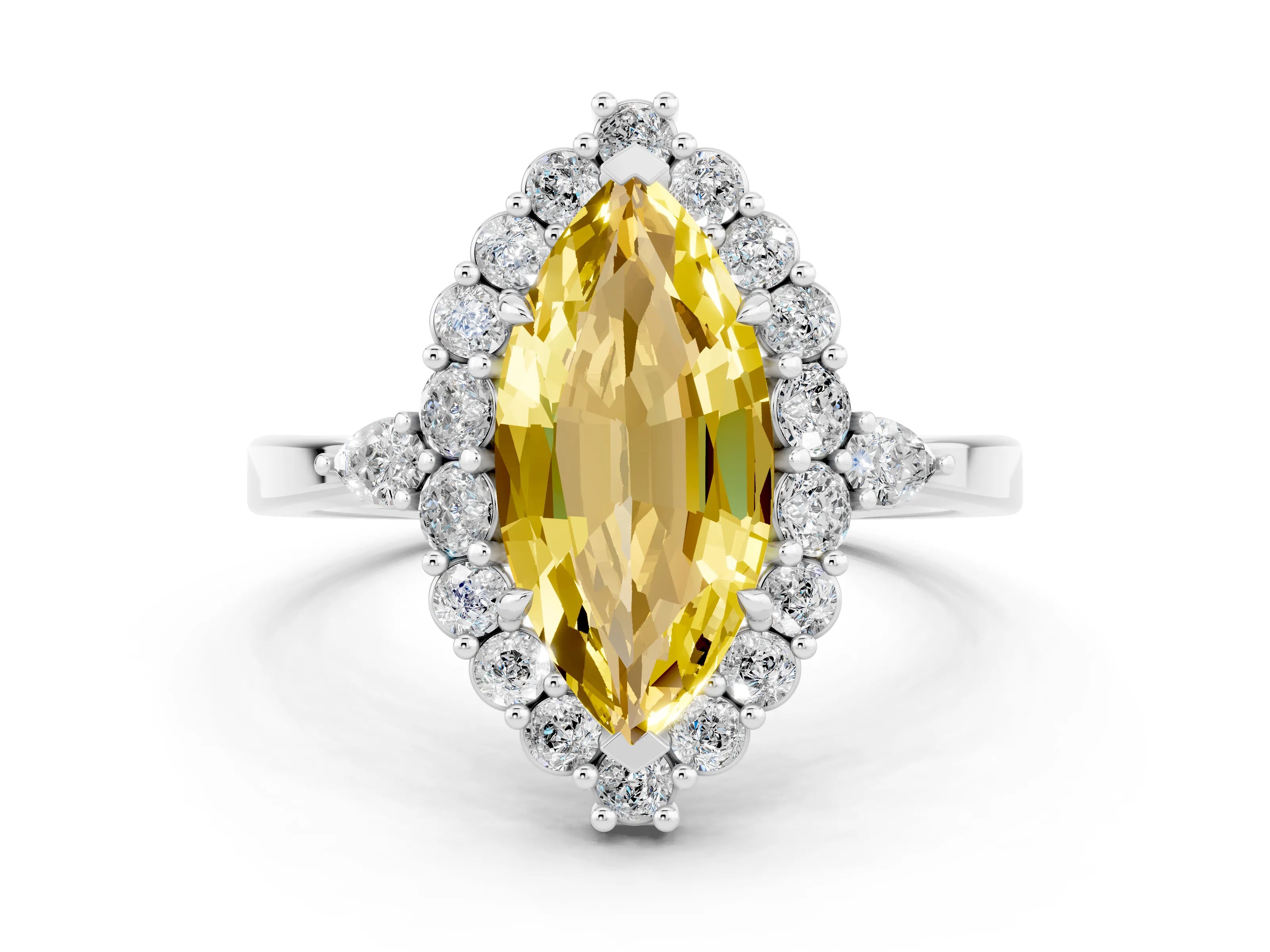 White gold Marquise Cut Yellow Sapphire Halo Ring with Pear Side Stones and Prong Setting_24