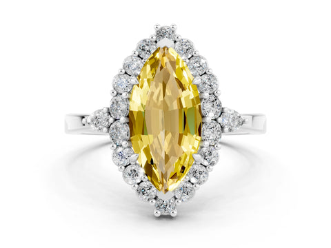 White gold Marquise Cut Yellow Sapphire Halo Ring with Pear Side Stones and Prong Setting_24