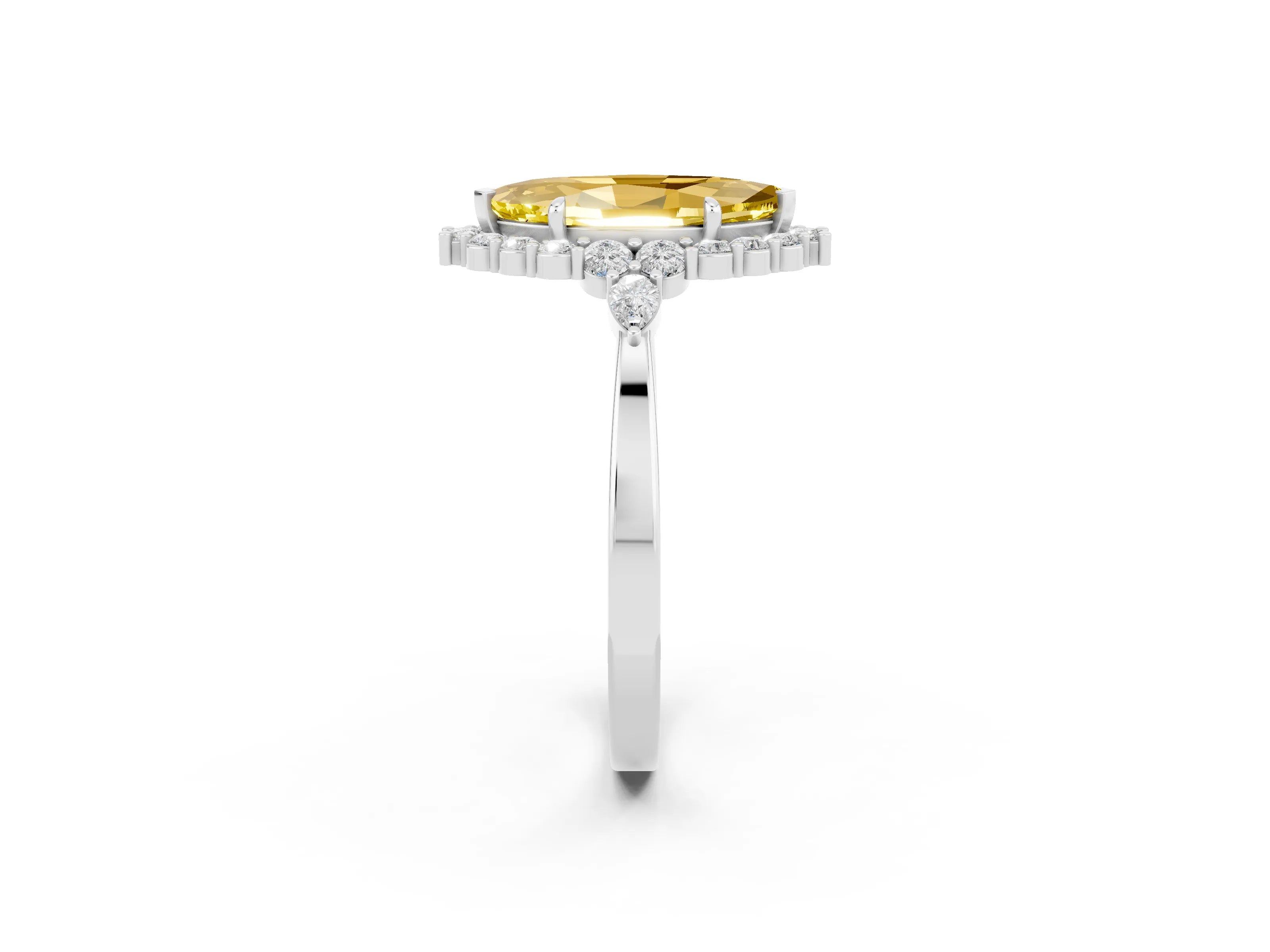 White gold Marquise Cut Yellow Sapphire Halo Ring with Pear Side Stones and Prong Setting_26