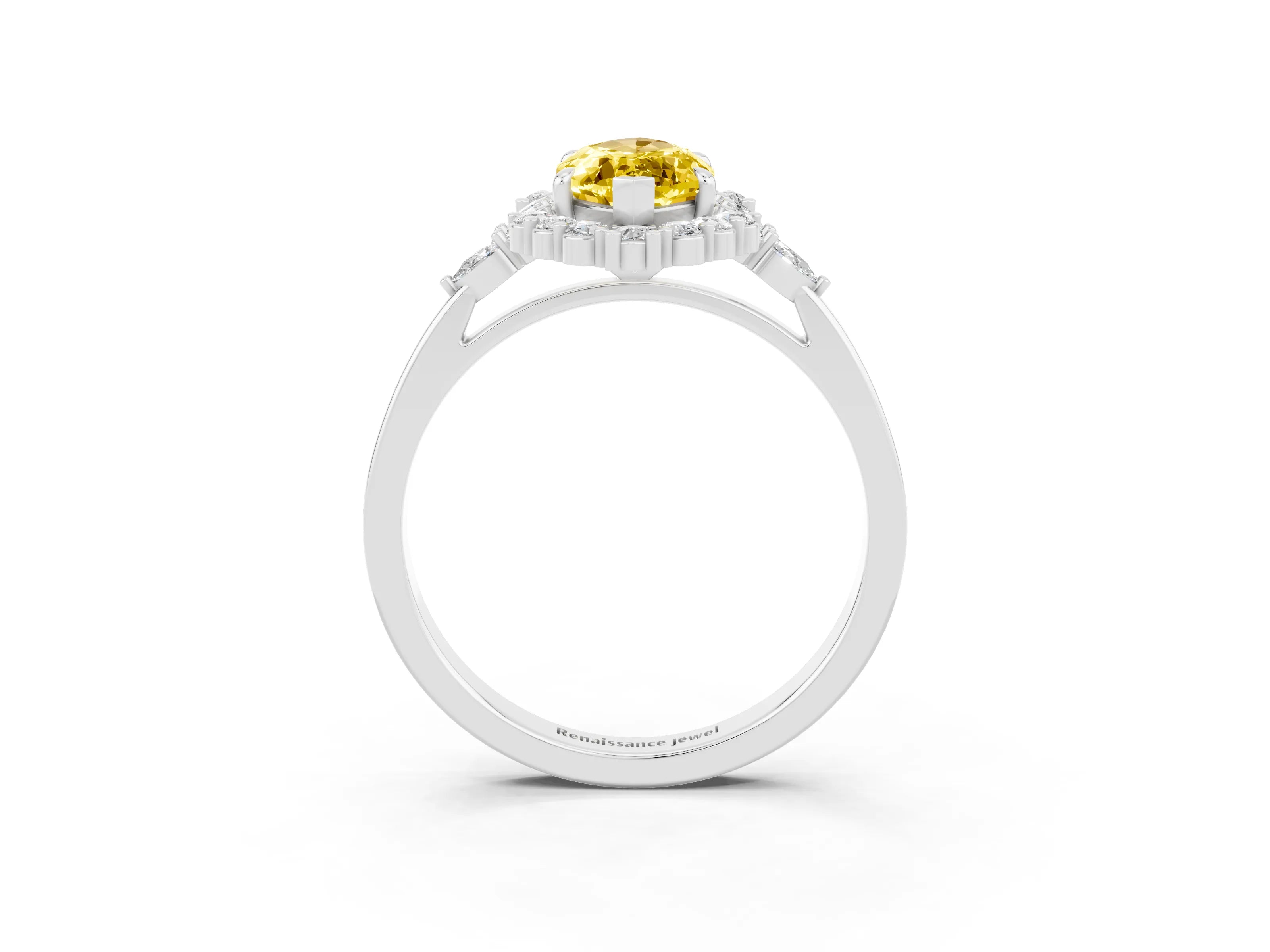 White gold Marquise Cut Yellow Sapphire Halo Ring with Pear Side Stones and Prong Setting_27