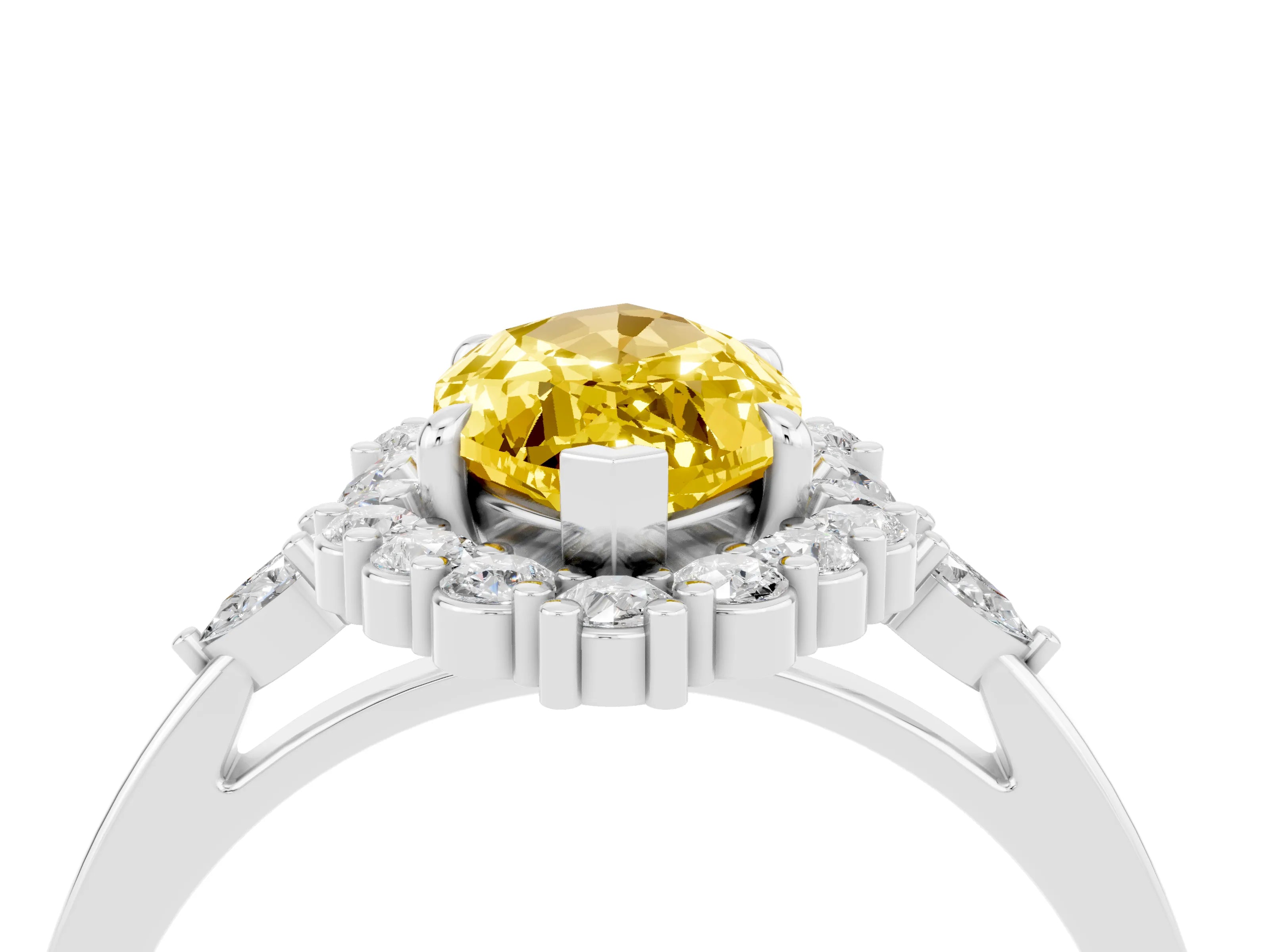 White gold Marquise Cut Yellow Sapphire Halo Ring with Pear Side Stones and Prong Setting_28