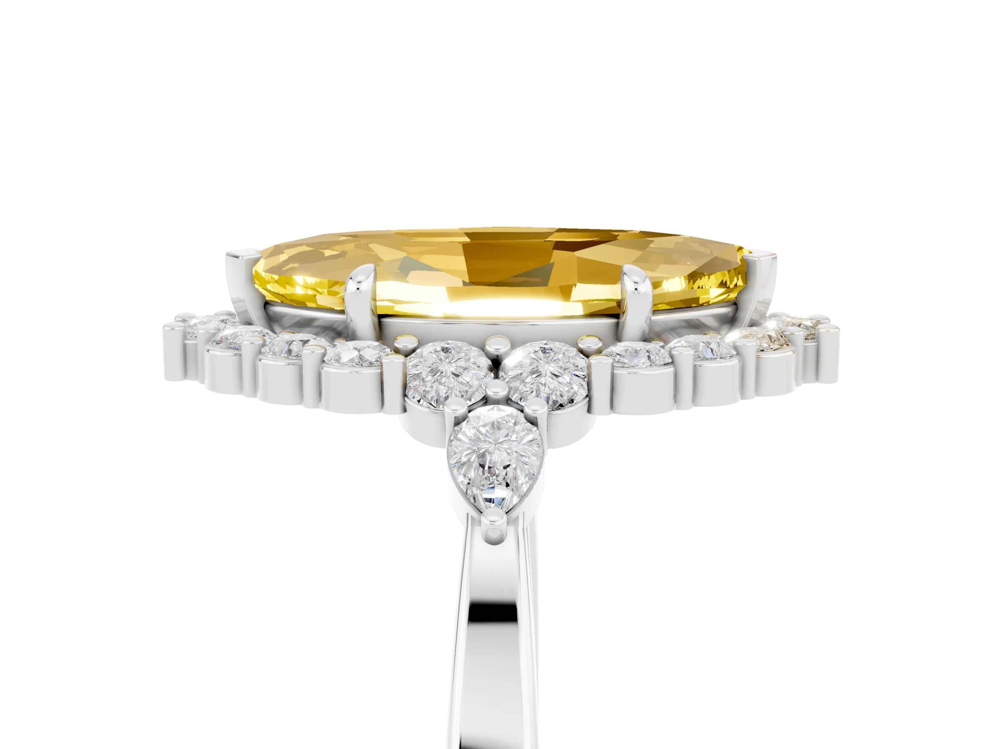 White gold Marquise Cut Yellow Sapphire Halo Ring with Pear Side Stones and Prong Setting_29