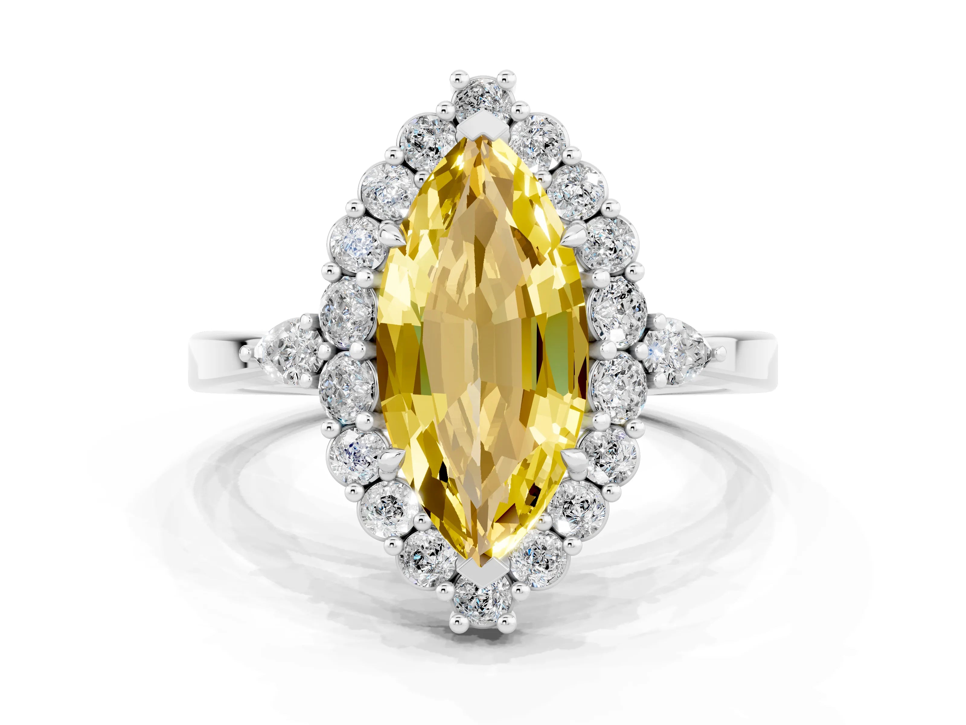 White gold Marquise Cut Yellow Sapphire Halo Ring with Pear Side Stones and Prong Setting_30