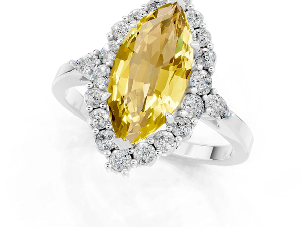 White gold Marquise Cut Yellow Sapphire Halo Ring with Pear Side Stones and Prong Setting
