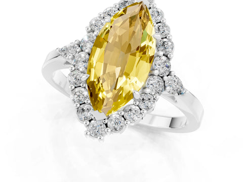 White gold Marquise Cut Yellow Sapphire Halo Ring with Pear Side Stones and Prong Setting_31
