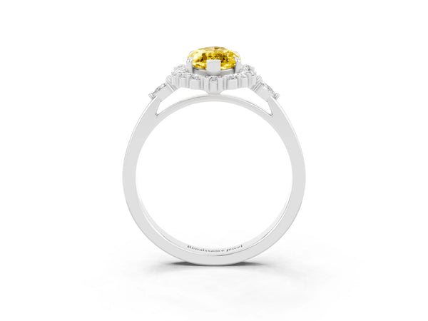 Silver Marquise Cut Yellow Sapphire Halo Ring with Pear Side Stones and Prong Setting
