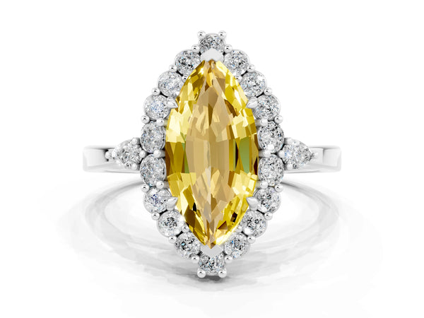 Platinum Marquise Cut Yellow Sapphire Halo Ring with Pear Side Stones and Prong Setting