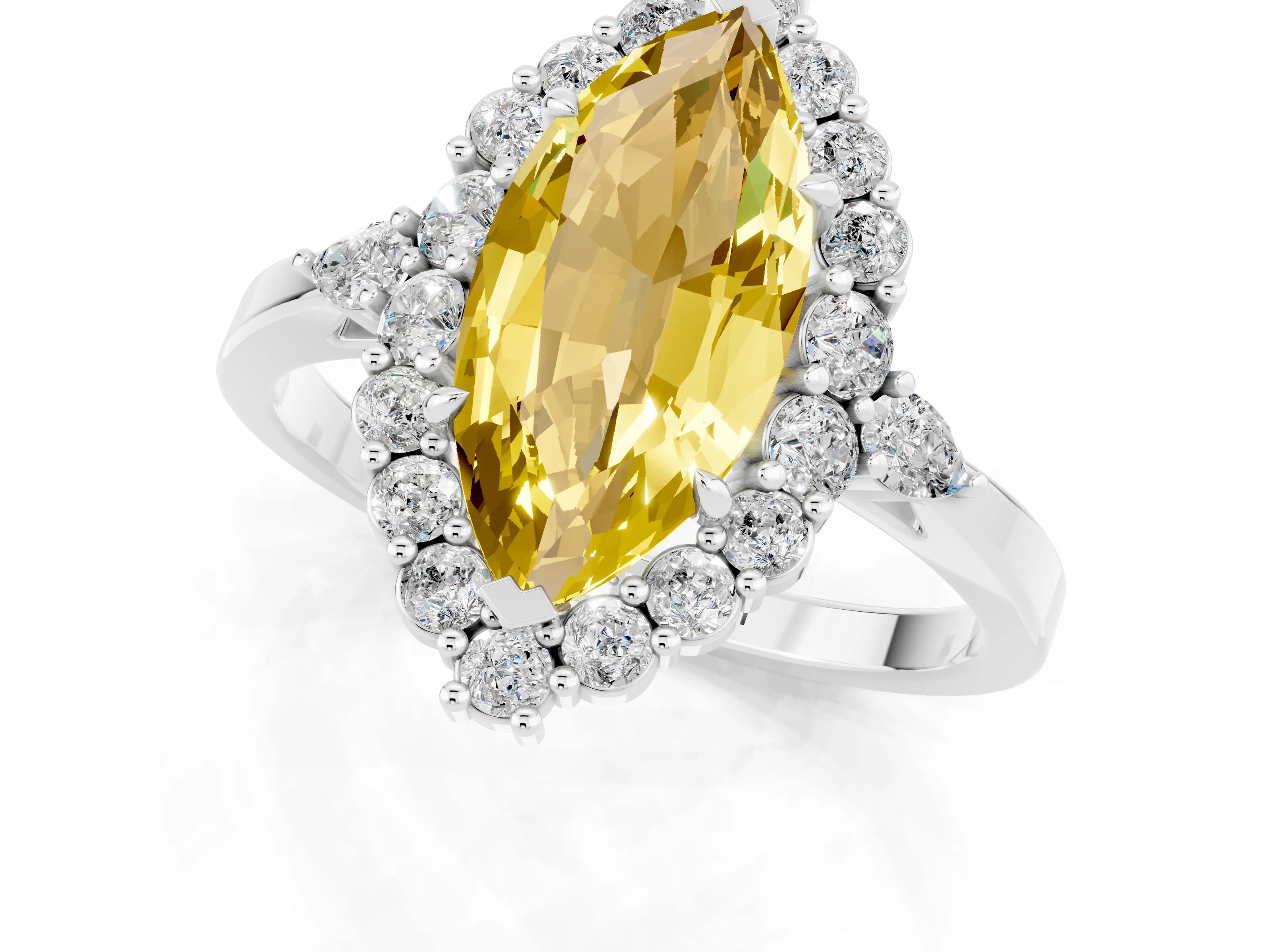 White gold Marquise Cut Yellow Sapphire Halo Ring with Pear Side Stones and Prong Setting_36