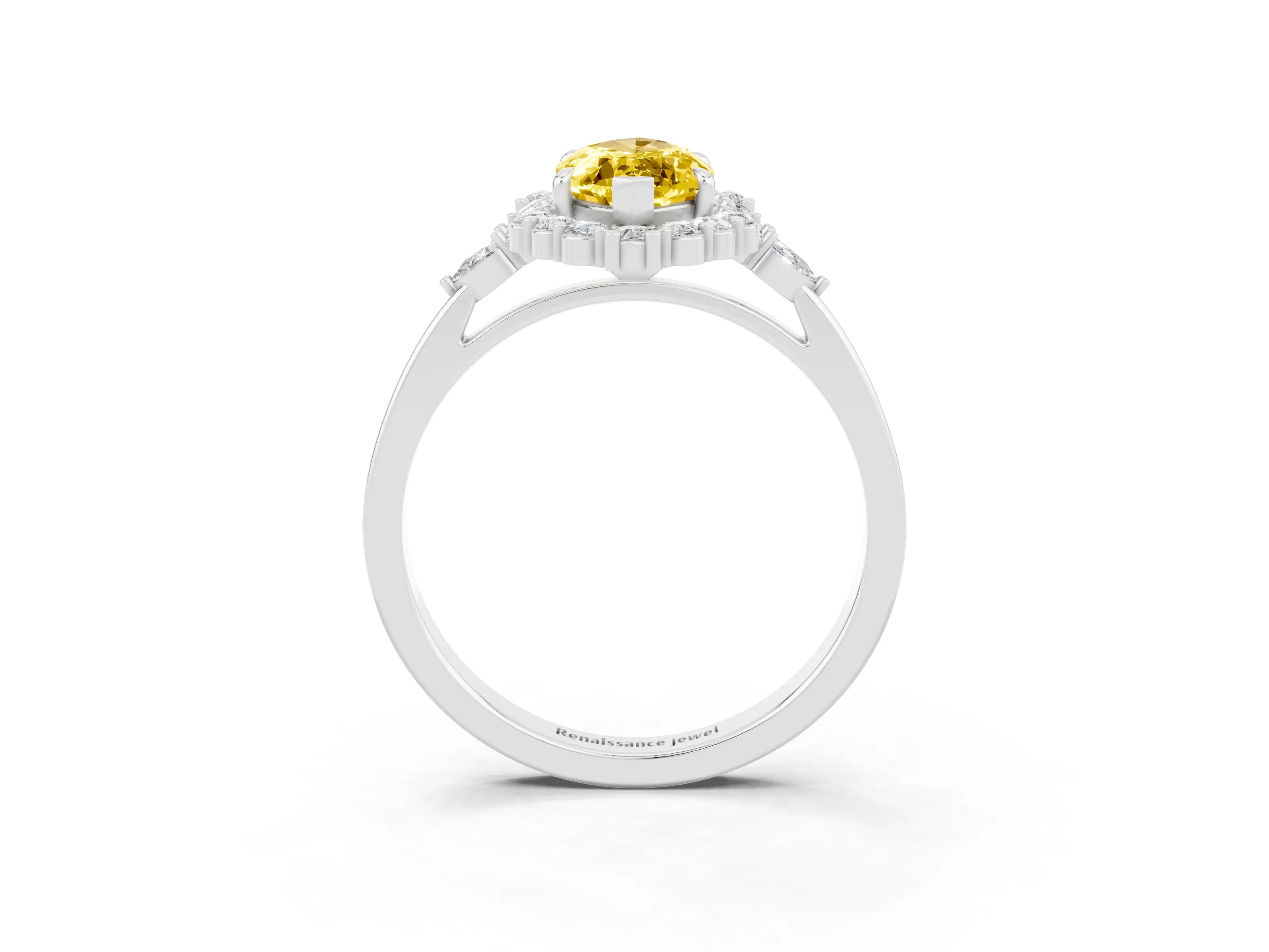 White gold Marquise Cut Yellow Sapphire Halo Ring with Pear Side Stones and Prong Setting_38