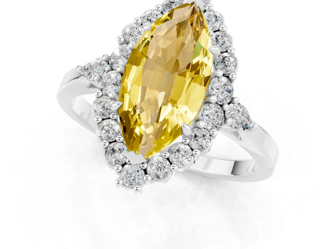 White gold Marquise Cut Yellow Sapphire Halo Ring with Pear Side Stones and Prong Setting_48