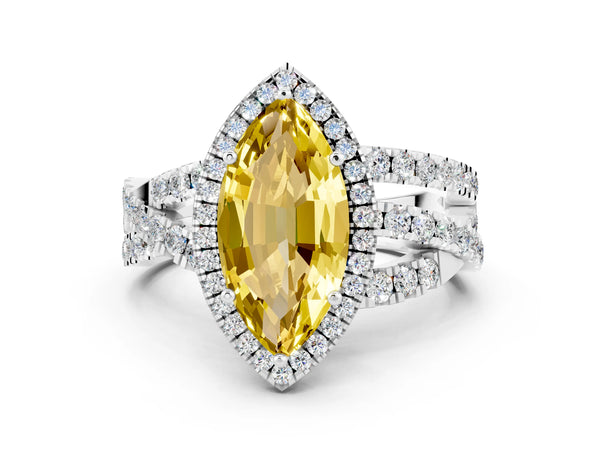 Platinum Marquise Cut Yellow Sapphire Halo Ring with Round Split Shank and Prong Setting