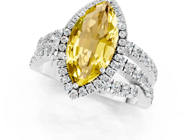 Platinum Marquise Cut Yellow Sapphire Halo Ring with Round Split Shank and Prong Setting