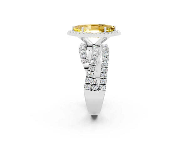 White gold Marquise Cut Yellow Sapphire Halo Ring with Round Split Shank and Prong Setting
