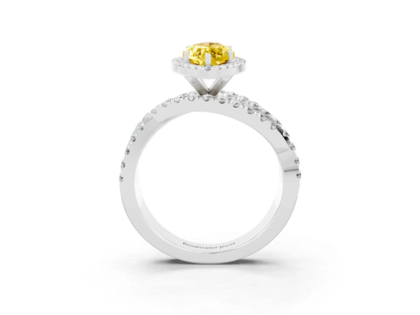 Platinum Marquise Cut Yellow Sapphire Halo Ring with Round Split Shank and Prong Setting