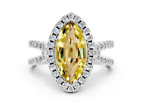 White gold Marquise Cut Yellow Sapphire Halo Ring with Split Shank Pavé Band and Prong Setting_12