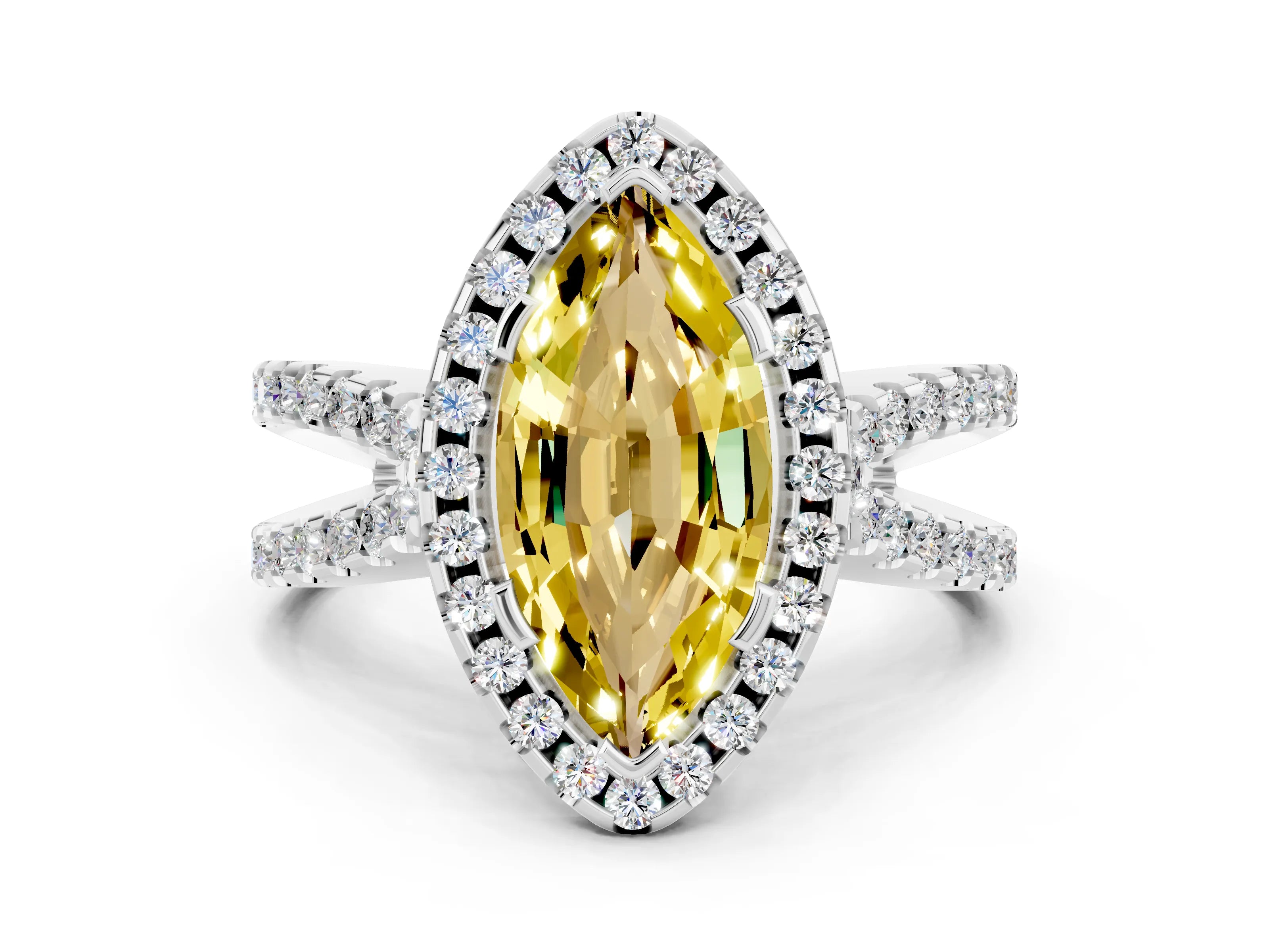White gold Marquise Cut Yellow Sapphire Halo Ring with Split Shank Pavé Band and Prong Setting_12