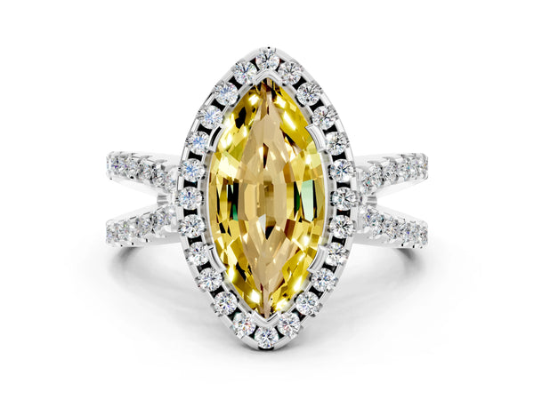 White gold Marquise Cut Yellow Sapphire Halo Ring with Split Shank Pavé Band and Prong Setting