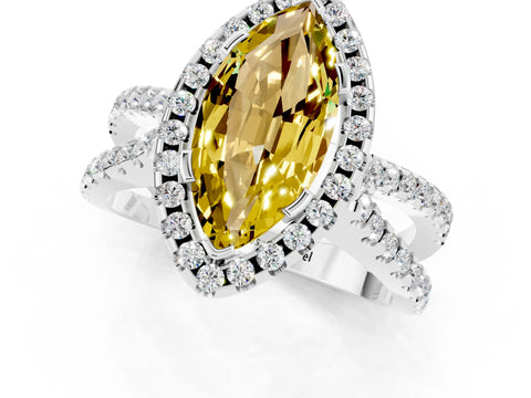 White gold Marquise Cut Yellow Sapphire Halo Ring with Split Shank Pavé Band and Prong Setting_13
