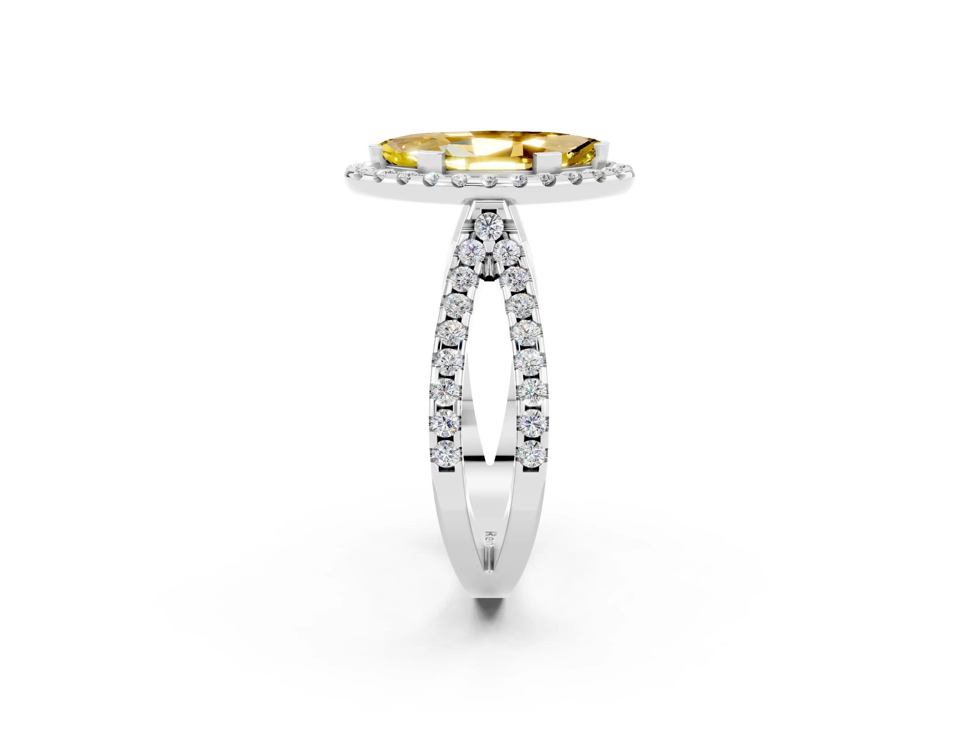 White gold Marquise Cut Yellow Sapphire Halo Ring with Split Shank Pavé Band and Prong Setting_14