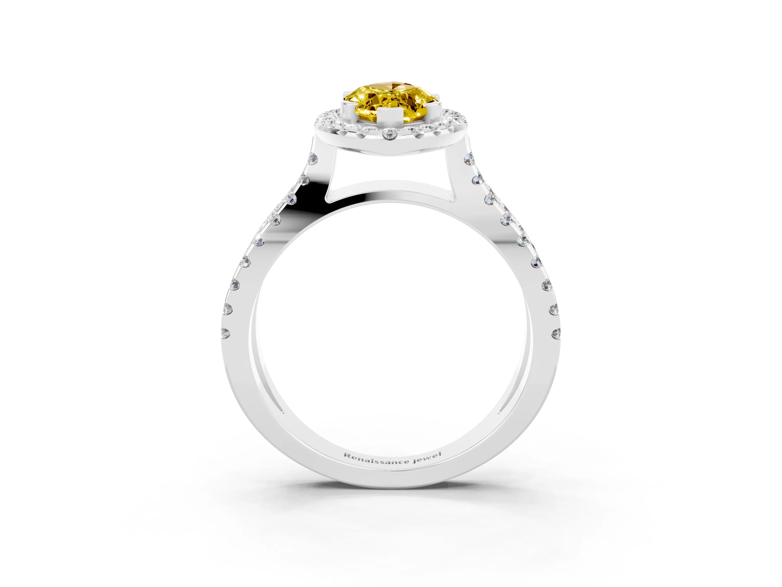 White gold Marquise Cut Yellow Sapphire Halo Ring with Split Shank Pavé Band and Prong Setting_15