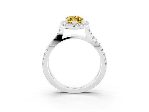White gold Marquise Cut Yellow Sapphire Halo Ring with Split Shank Pavé Band and Prong Setting_15