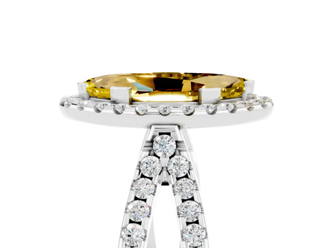 White gold Marquise Cut Yellow Sapphire Halo Ring with Split Shank Pavé Band and Prong Setting_17