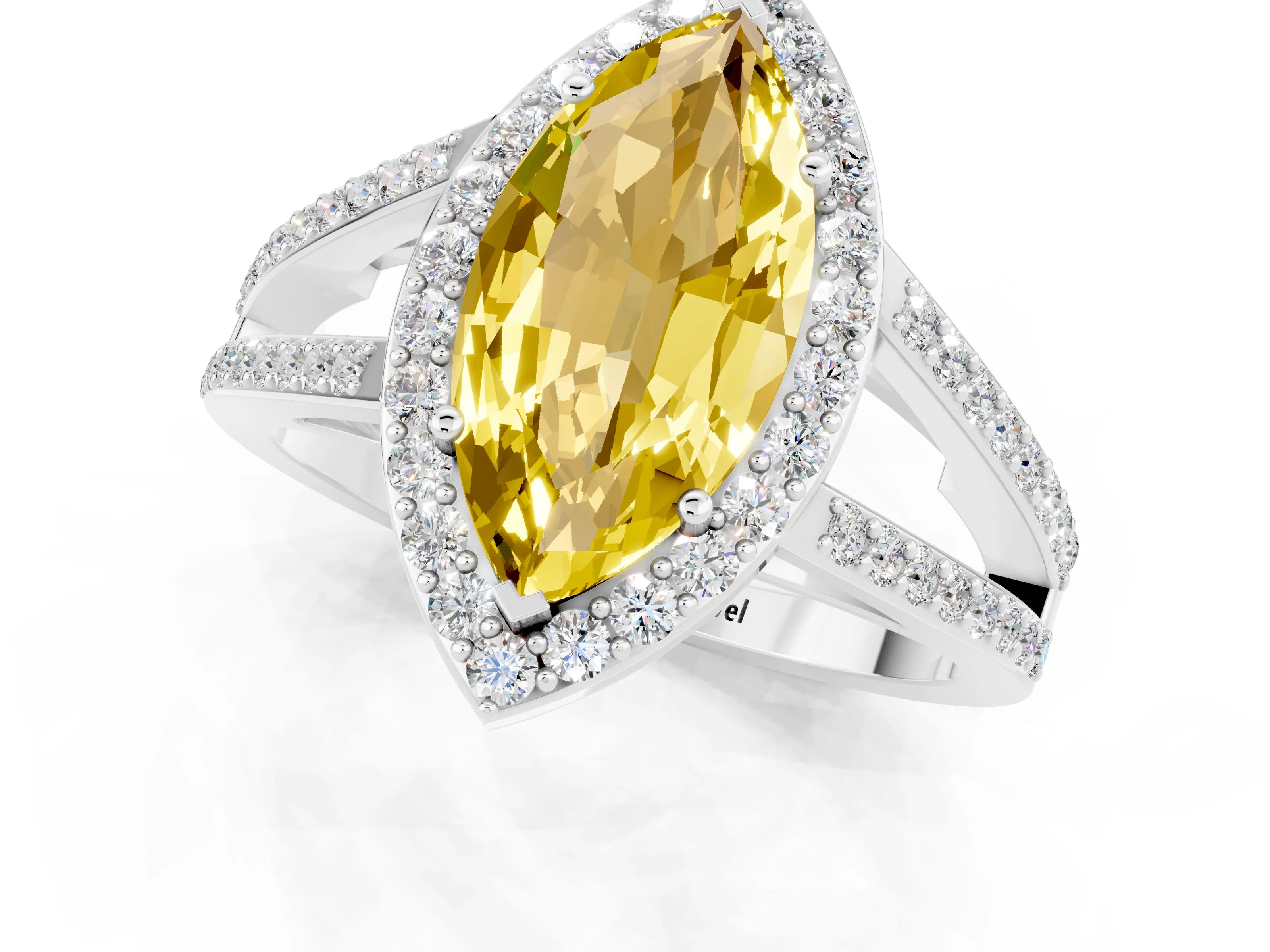 White gold Marquise Cut Yellow Sapphire Halo Ring with Split Shank U-Prong Band and Four-Prong Setting_1