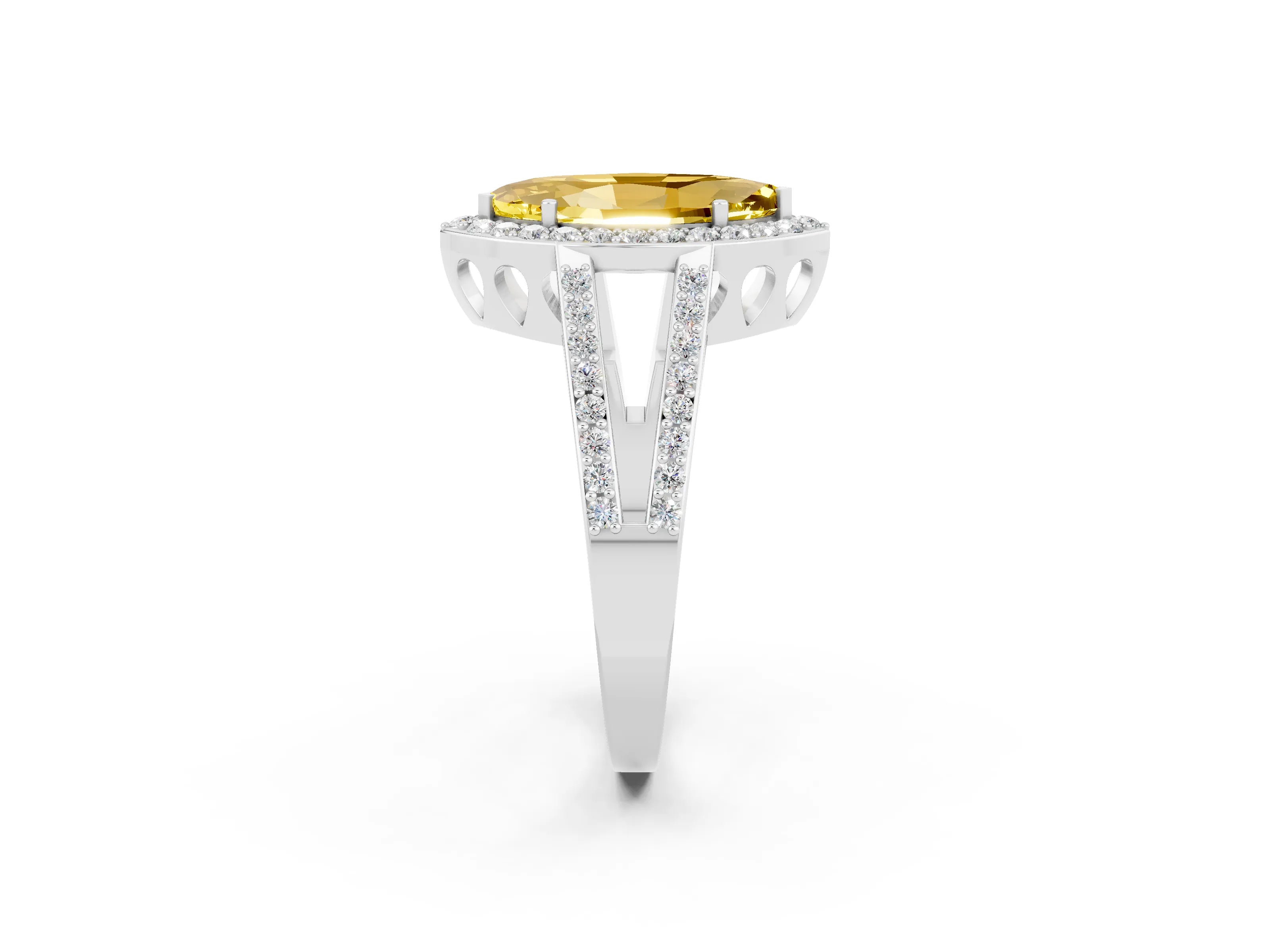 White gold Marquise Cut Yellow Sapphire Halo Ring with Split Shank U-Prong Band and Four-Prong Setting_2