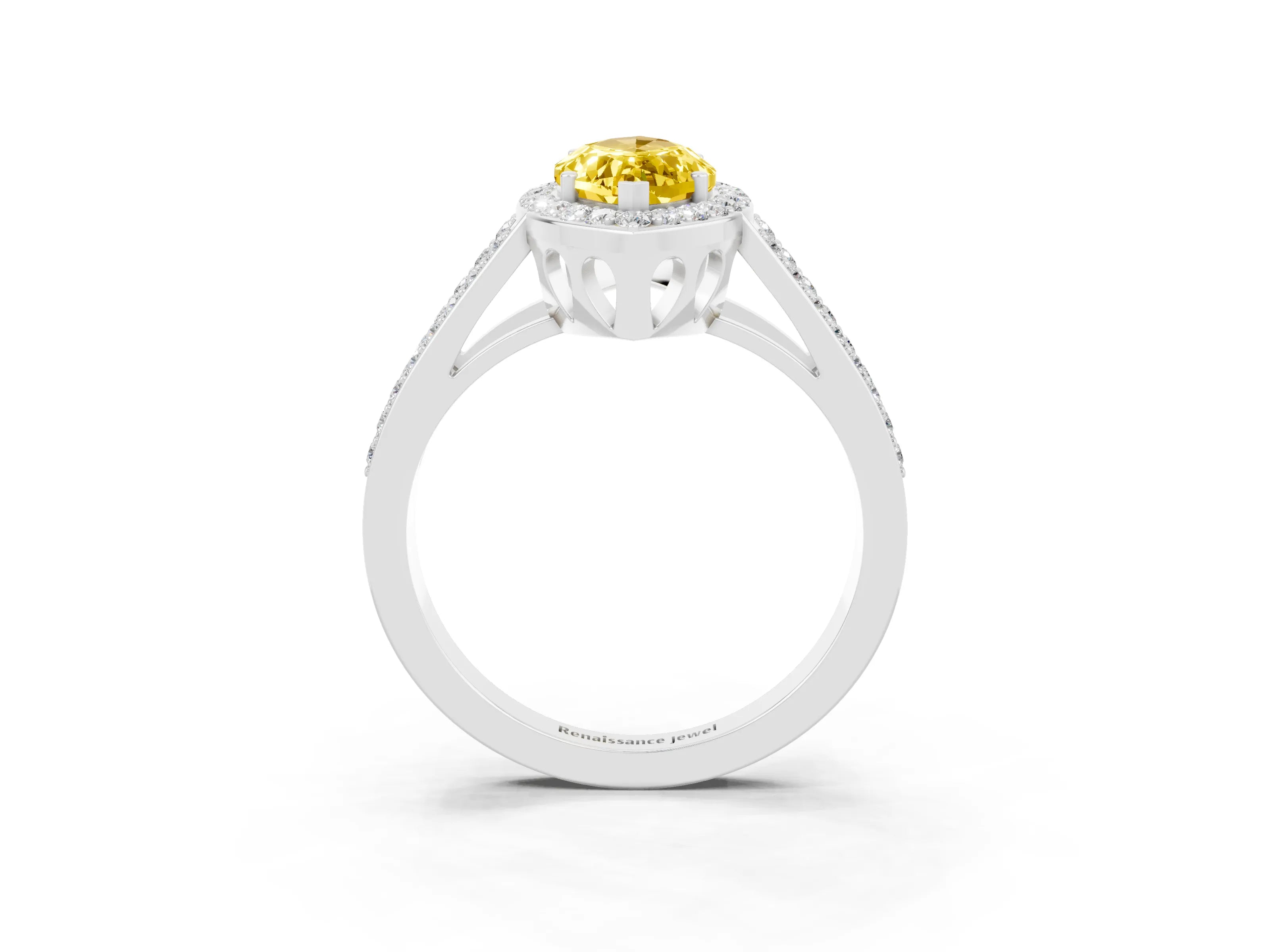 White gold Marquise Cut Yellow Sapphire Halo Ring with Split Shank U-Prong Band and Four-Prong Setting_3