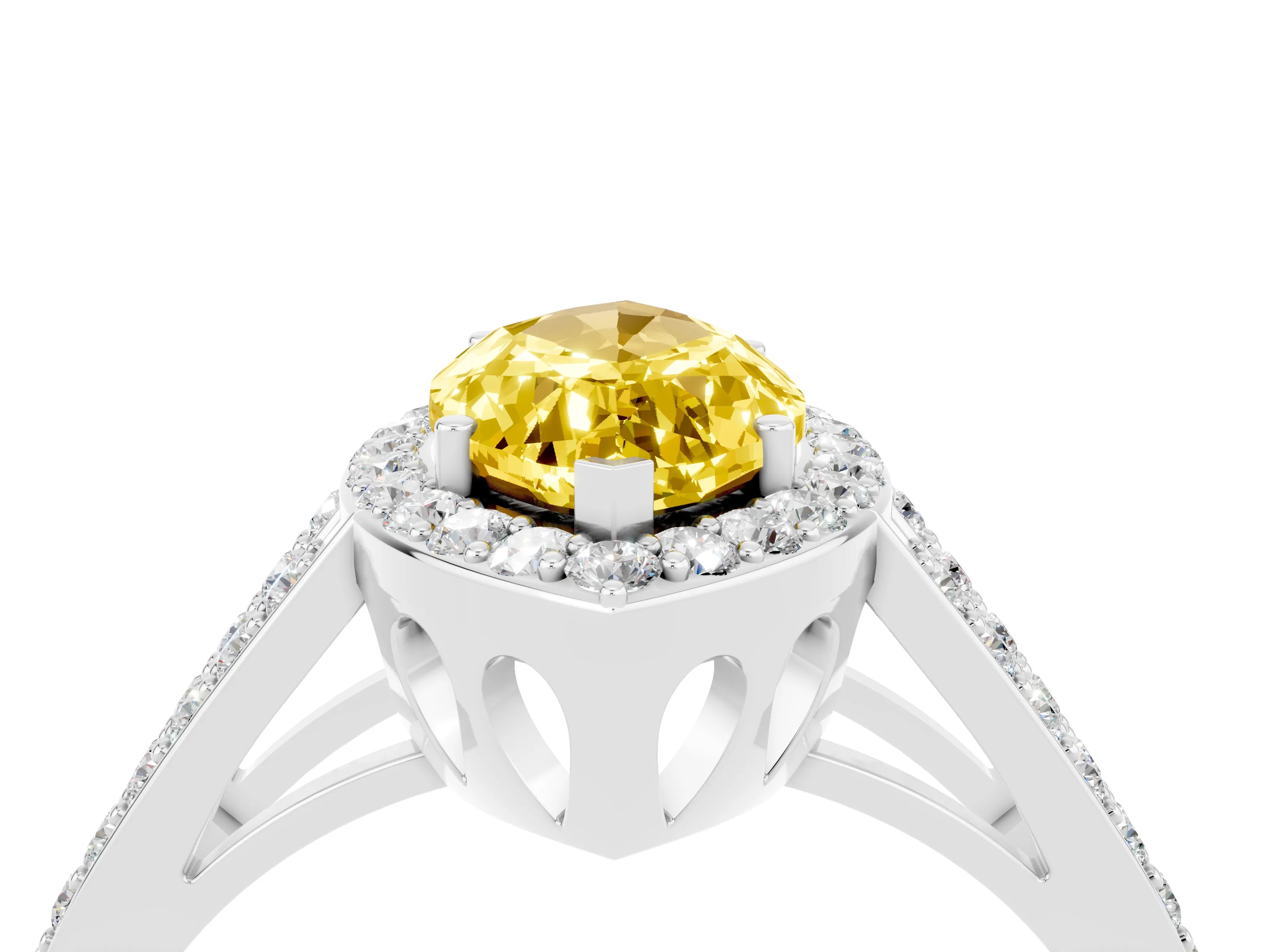 White gold Marquise Cut Yellow Sapphire Halo Ring with Split Shank U-Prong Band and Four-Prong Setting_4