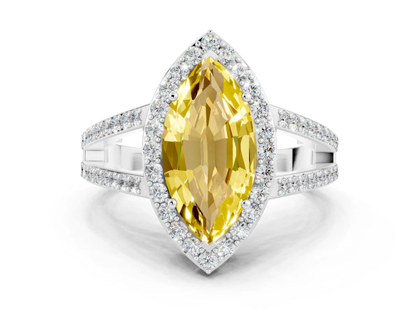 White gold Marquise Cut Yellow Sapphire Halo Ring with Split Shank U-Prong Band and Four-Prong Setting