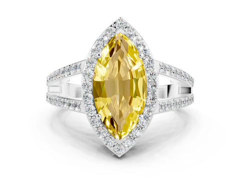 White gold Marquise Cut Yellow Sapphire Halo Ring with Split Shank U-Prong Band and Four-Prong Setting
