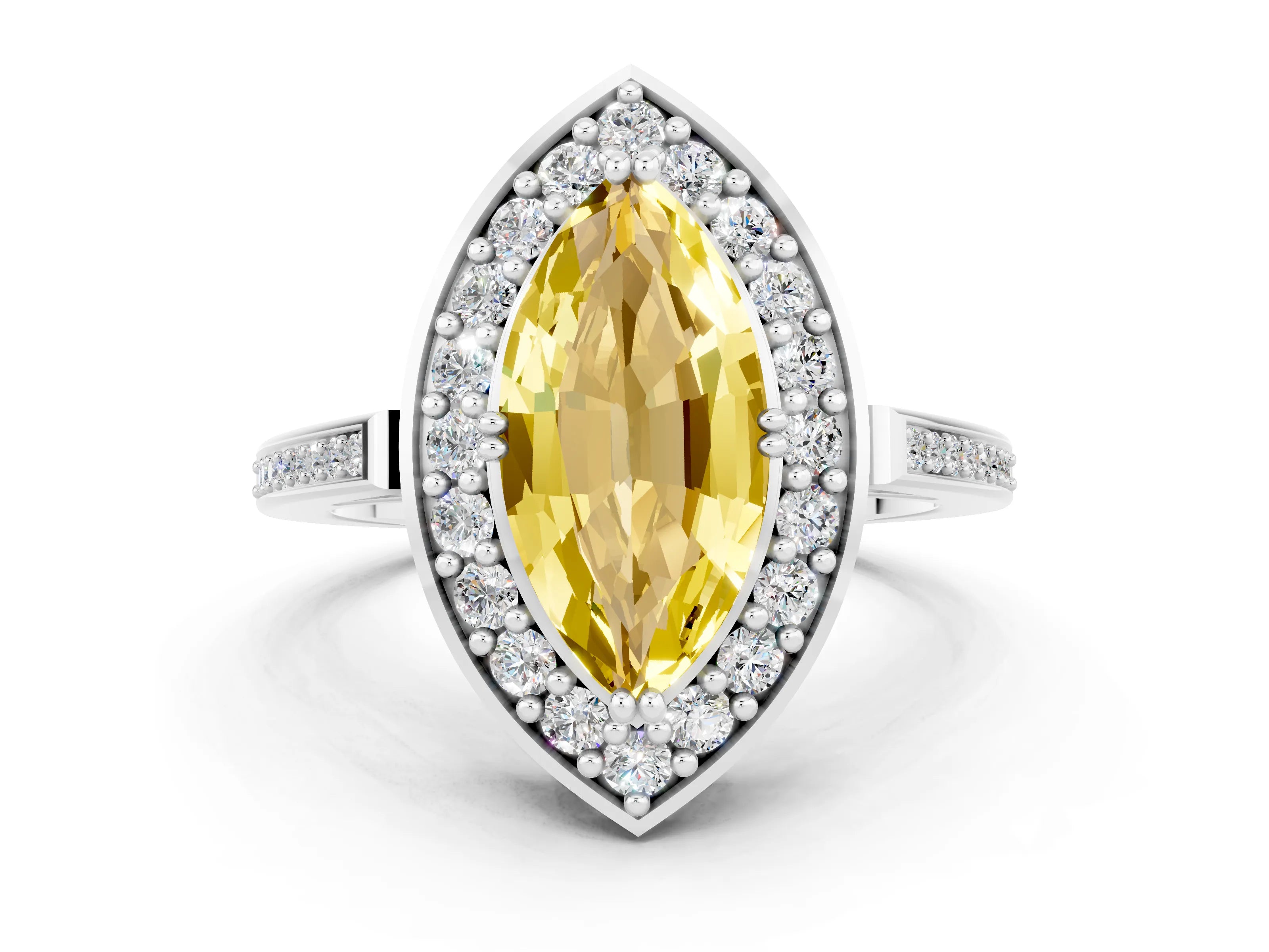 White gold Marquise Cut Yellow Sapphire Halo Ring with Split Shank and Four-Prong Setting_12