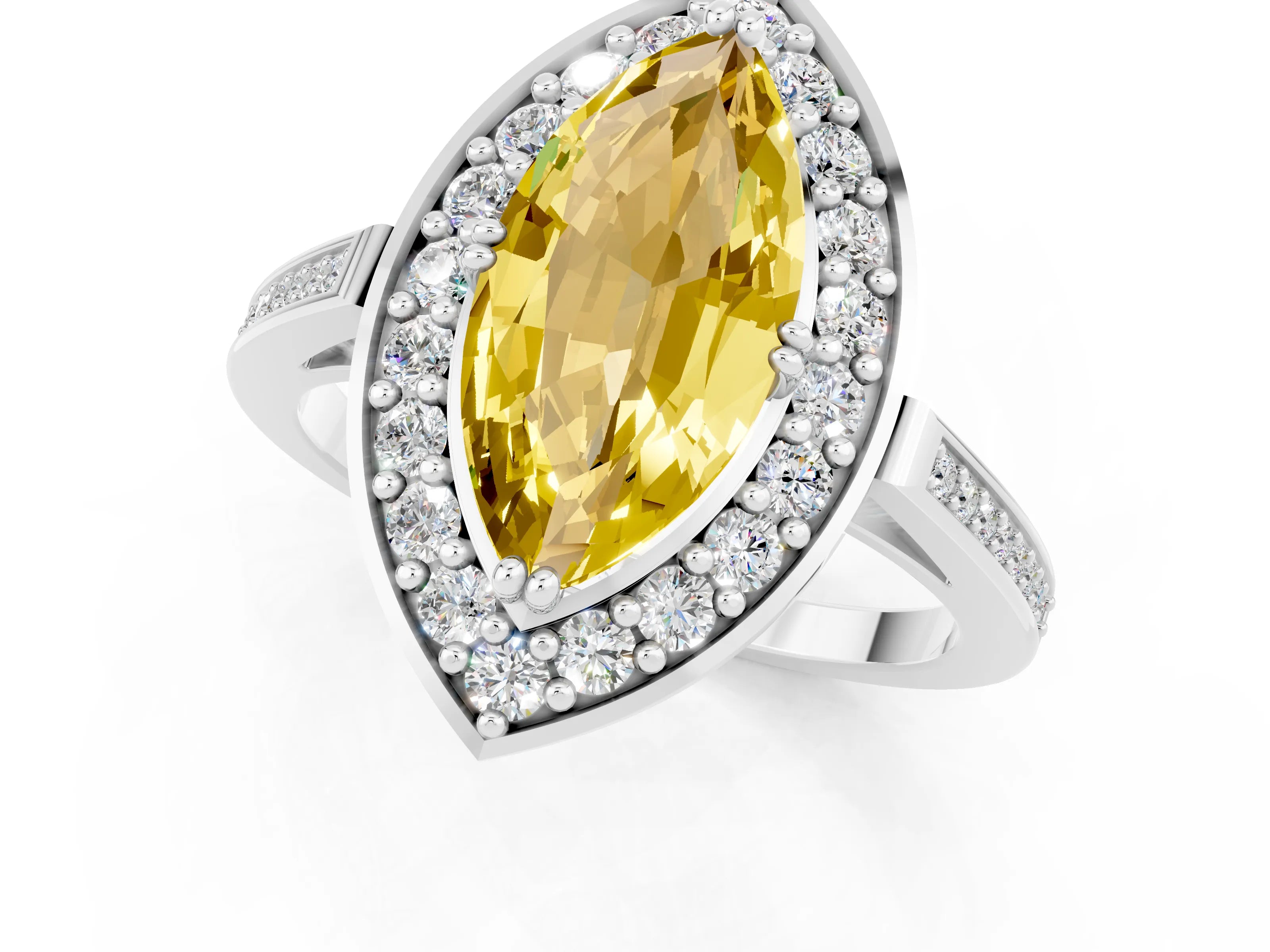 White gold Marquise Cut Yellow Sapphire Halo Ring with Split Shank and Four-Prong Setting_13