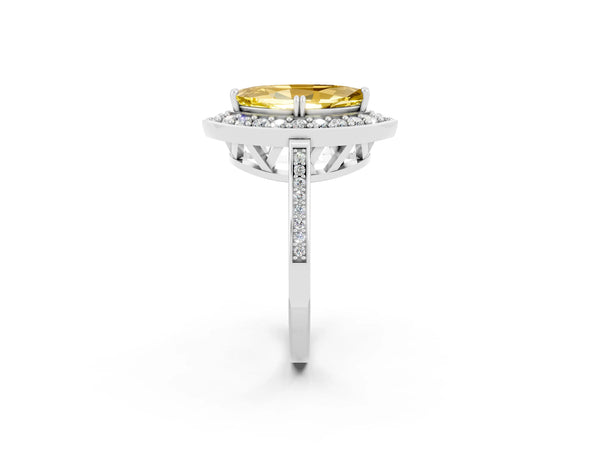 White gold Marquise Cut Yellow Sapphire Halo Ring with Split Shank and Four-Prong Setting