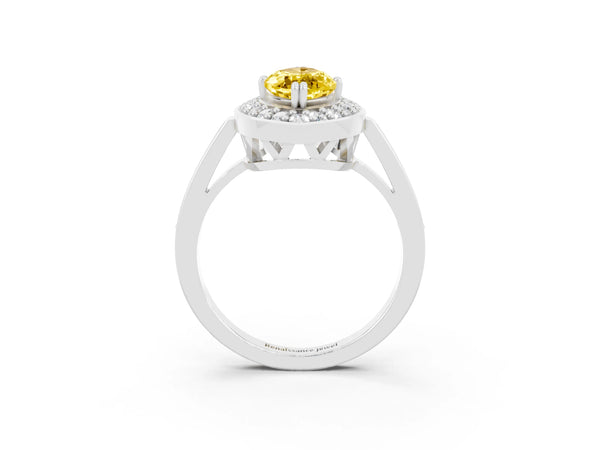 Platinum Marquise Cut Yellow Sapphire Halo Ring with Split Shank and Four-Prong Setting