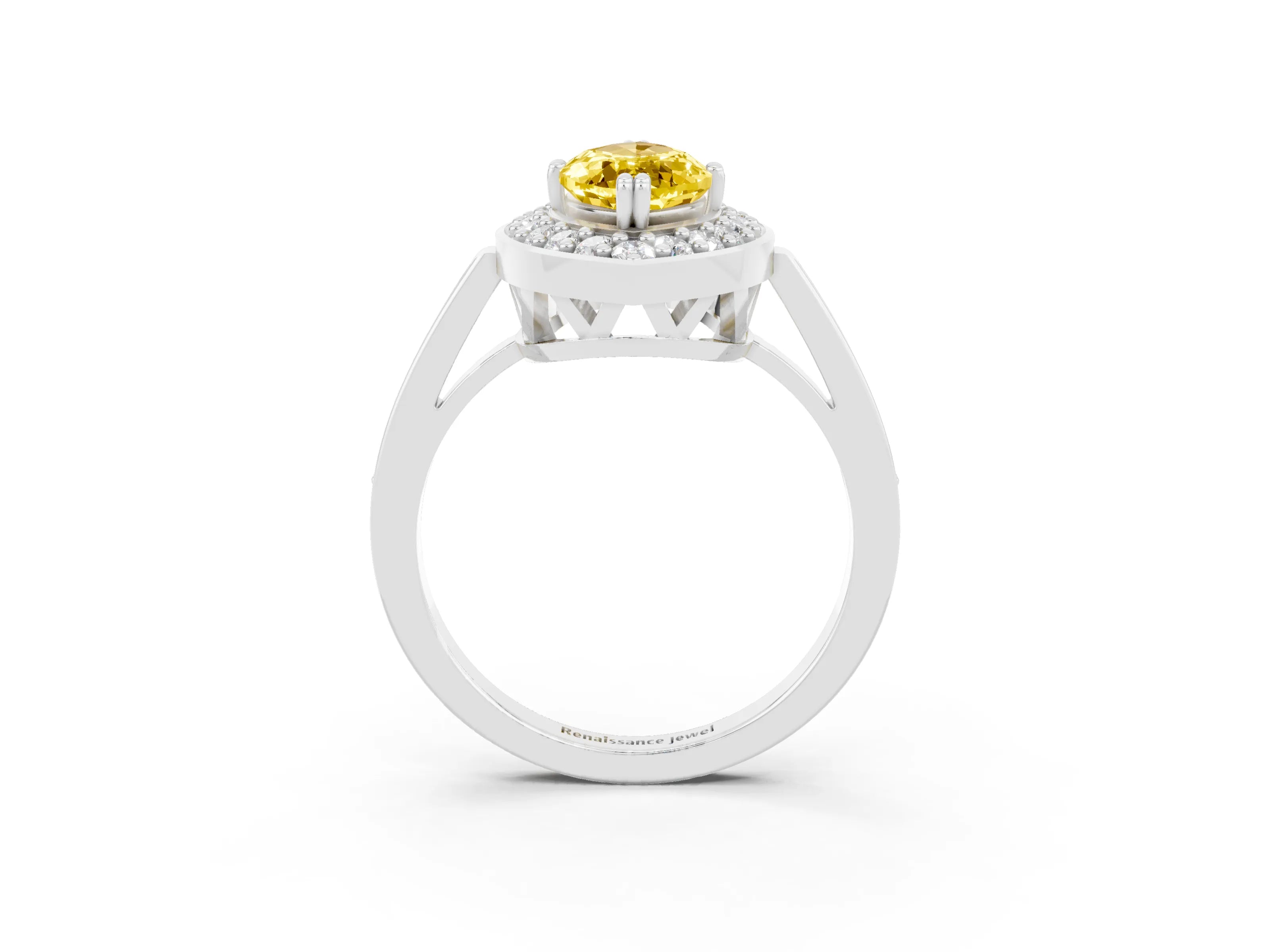 White gold Marquise Cut Yellow Sapphire Halo Ring with Split Shank and Four-Prong Setting_3