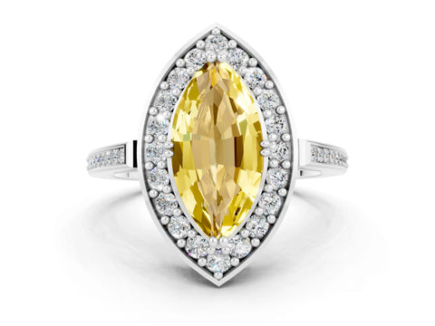 White gold Marquise Cut Yellow Sapphire Halo Ring with Split Shank and Four-Prong Setting