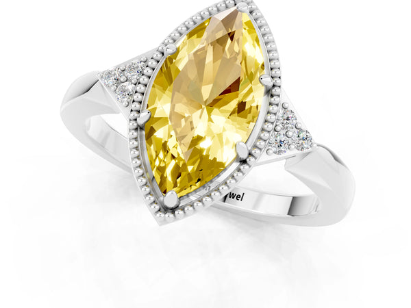 Platinum Marquise Cut Yellow Sapphire Halo Ring with Tapered Band and Four-Prong Setting