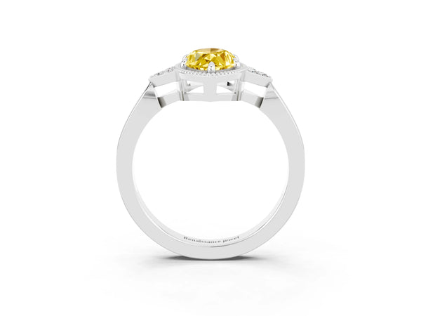 Silver Marquise Cut Yellow Sapphire Halo Ring with Tapered Band and Four-Prong Setting