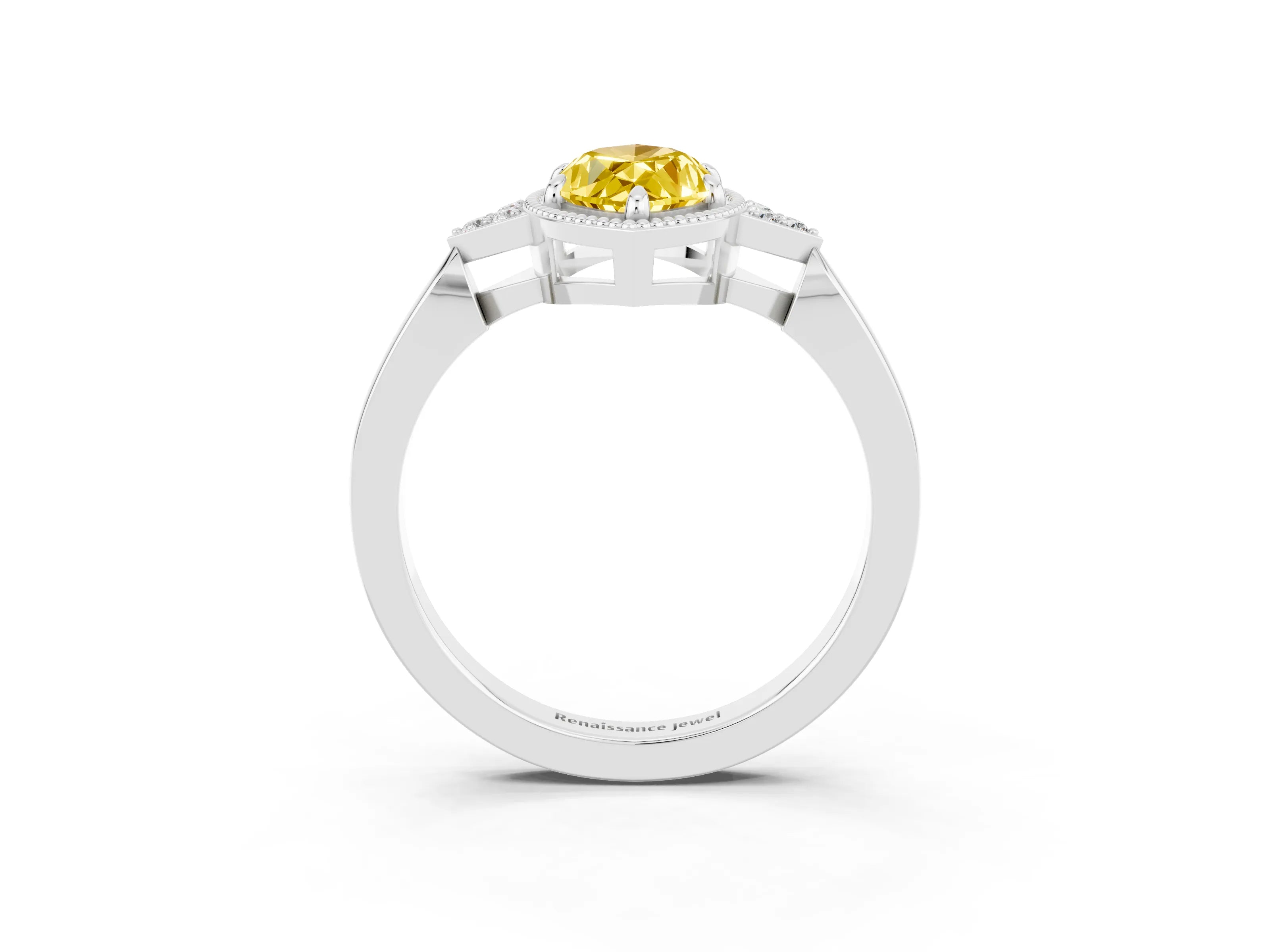 White gold Marquise Cut Yellow Sapphire Halo Ring with Tapered Band and Four-Prong Setting_3
