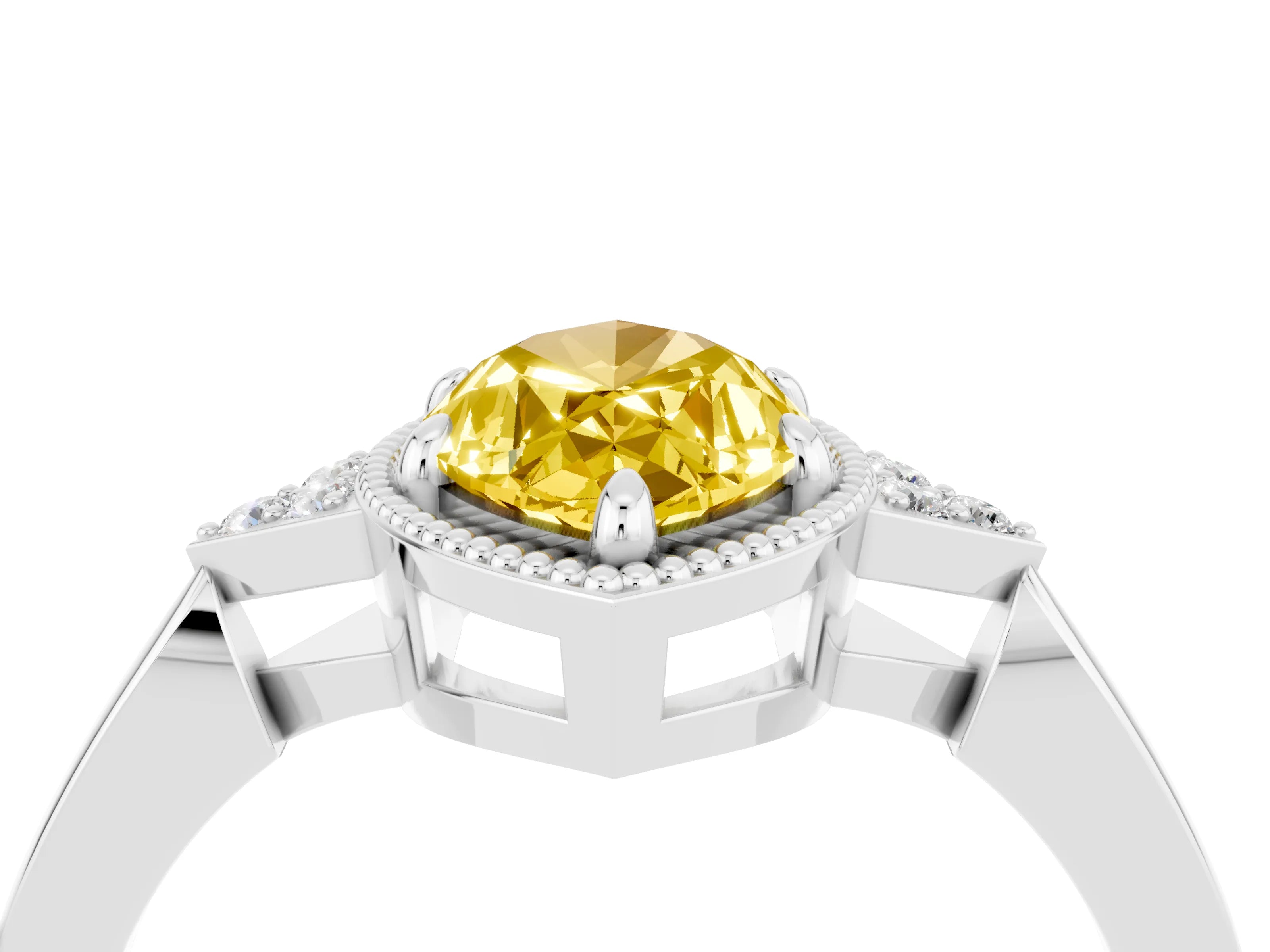 White gold Marquise Cut Yellow Sapphire Halo Ring with Tapered Band and Four-Prong Setting_4