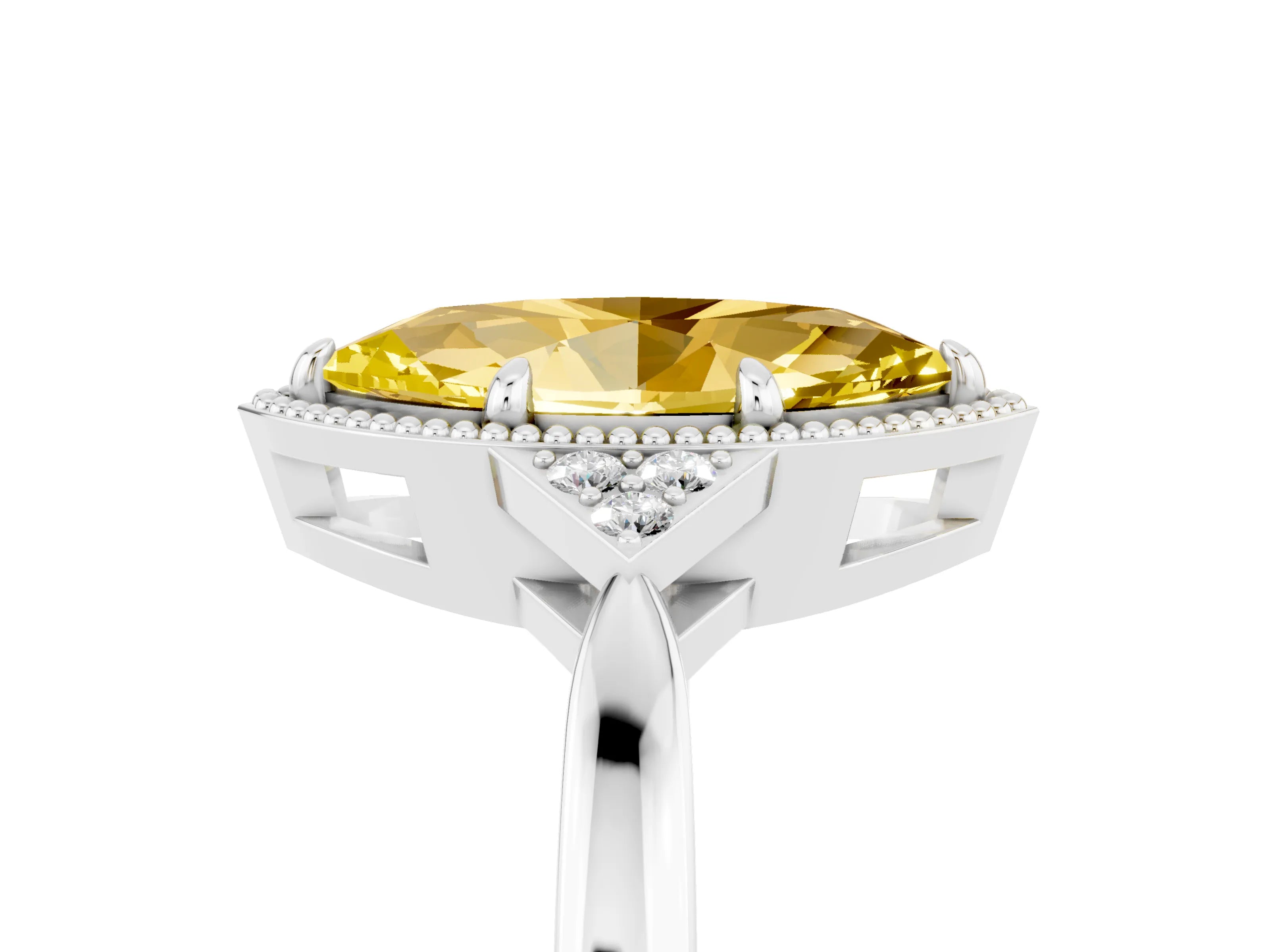 White gold Marquise Cut Yellow Sapphire Halo Ring with Tapered Band and Four-Prong Setting_5
