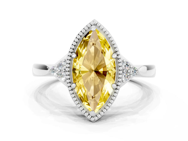Silver Marquise Cut Yellow Sapphire Halo Ring with Tapered Band and Four-Prong Setting
