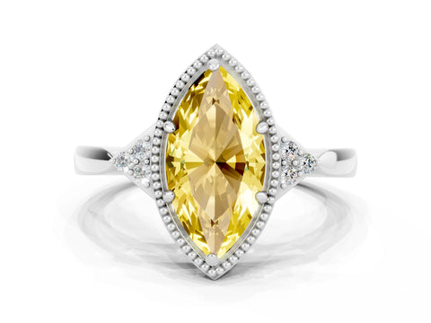 White gold Marquise Cut Yellow Sapphire Halo Ring with Tapered Band and Four-Prong Setting