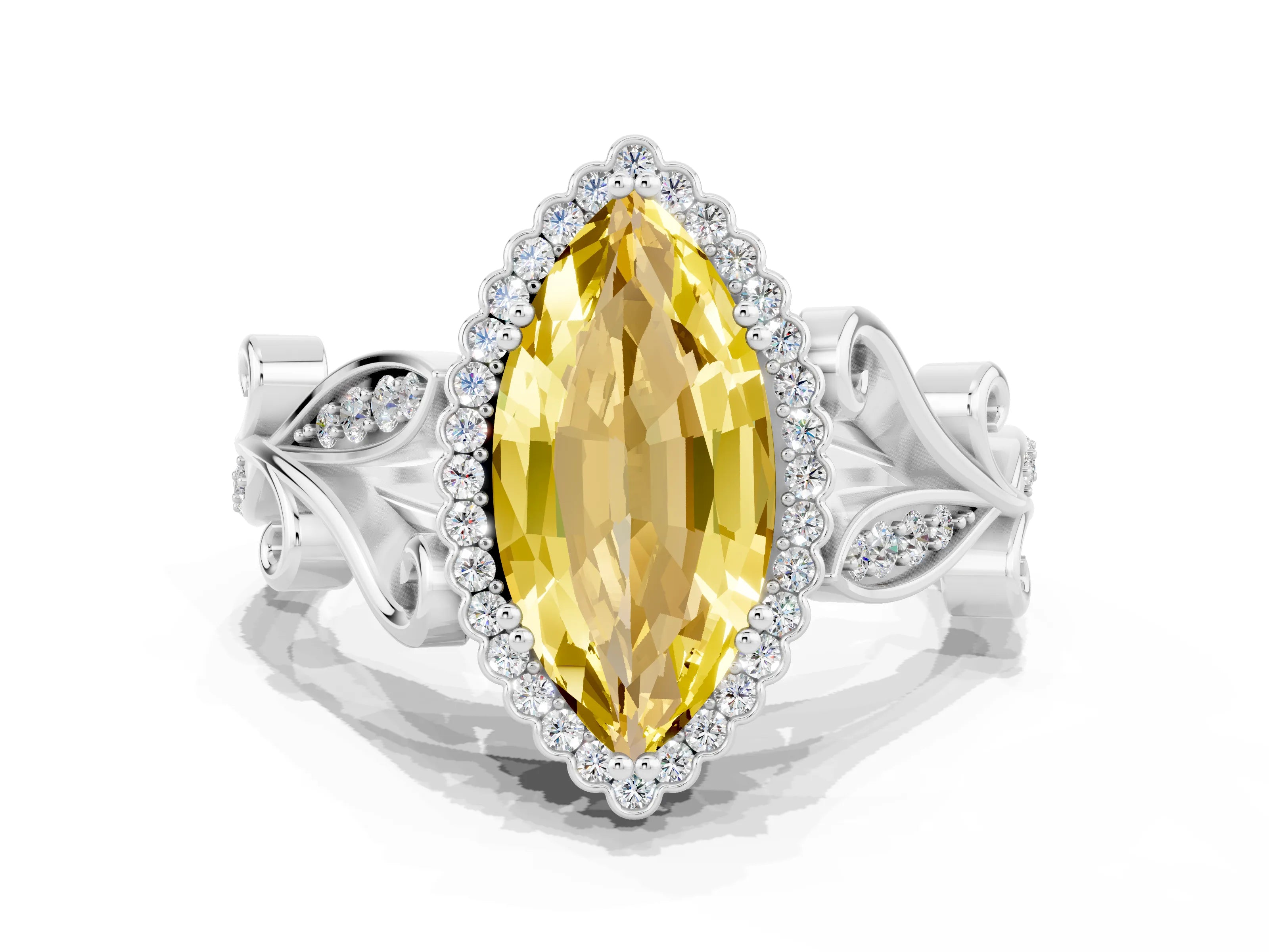 White gold Marquise Cut Yellow Sapphire Halo Ring with Vintage Split Shank and Four-Prong Setting_24