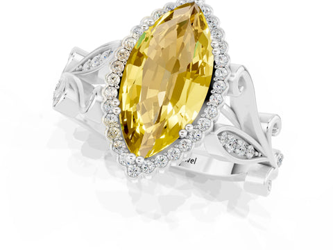 White gold Marquise Cut Yellow Sapphire Halo Ring with Vintage Split Shank and Four-Prong Setting_25